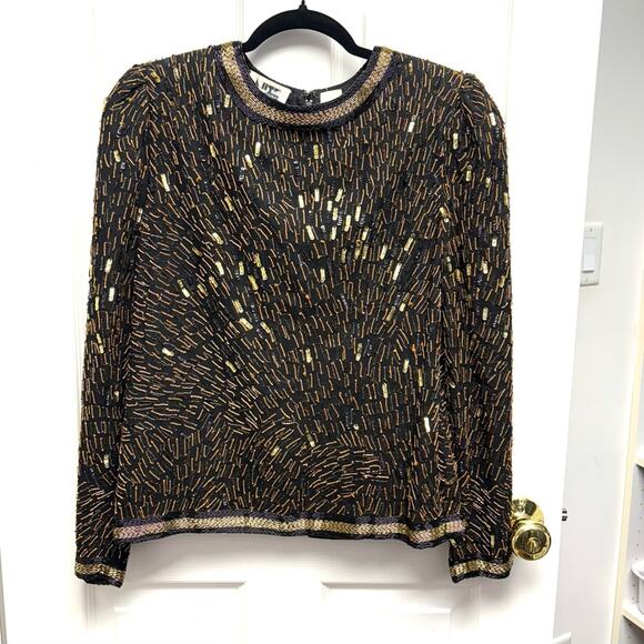 Vintage 90s Niteline Sequin Blouse, Black and gold, beads, zip up back, Size M - Picture 1 of 13